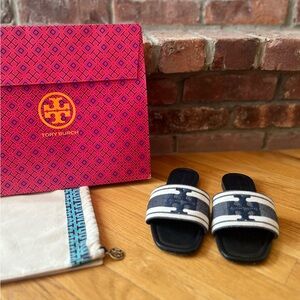 Tory Burch Navy & Cream Double T Jacquard Striped Logo Slide Sandals